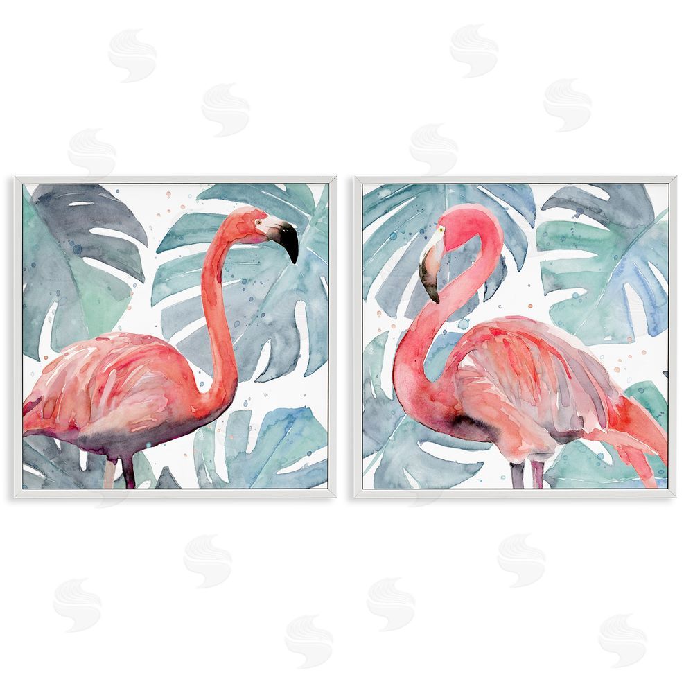 Annie Warren Tropical Flamingos with Green Monstera Plants White Framed Giclee Wall Art Print