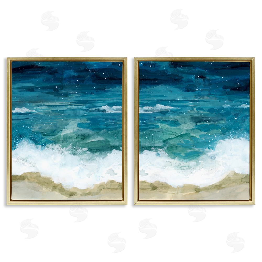 Grace Popp Tide Crash to Shore Nautical Beach Watercolor Gold Floating Frame Canvas Wall Art Print