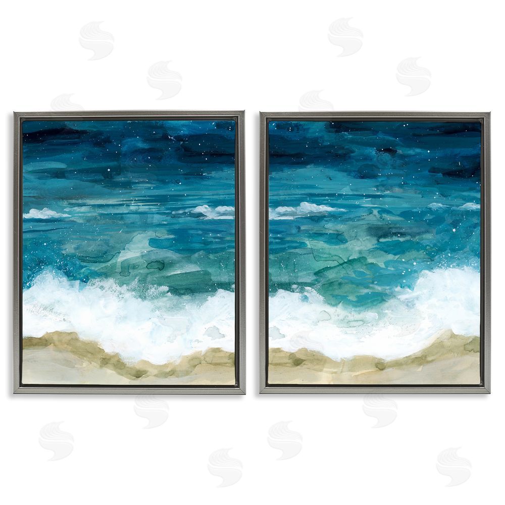Grace Popp Tide Crash to Shore Nautical Beach Watercolor Gray Floating Frame Canvas Wall Art Print