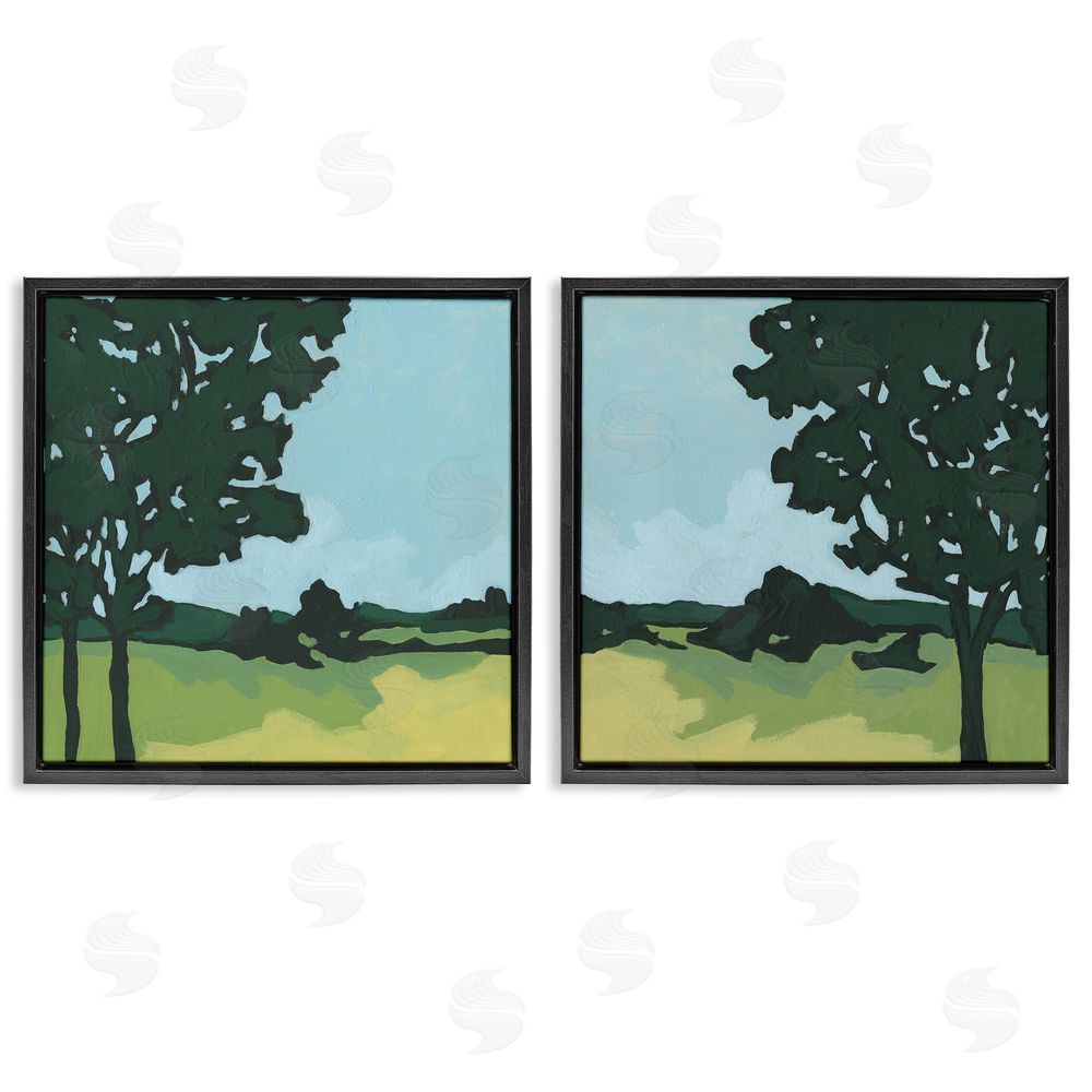 June Erica Vess Silhouette of Trees in Meadow Landscape Black Floating Frame Canvas Wall Art Print
