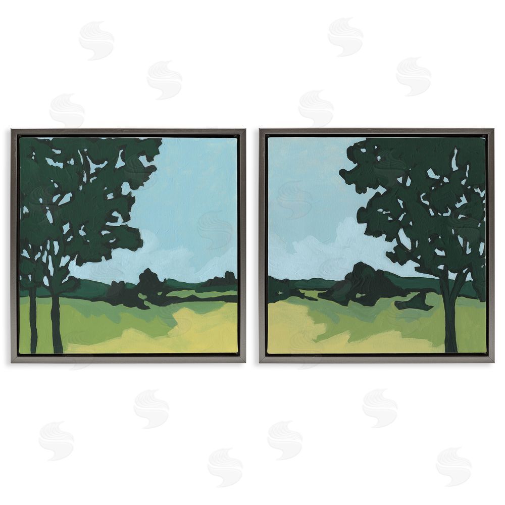 June Erica Vess Silhouette of Trees in Meadow Landscape Gray Floating Frame Canvas Wall Art Print