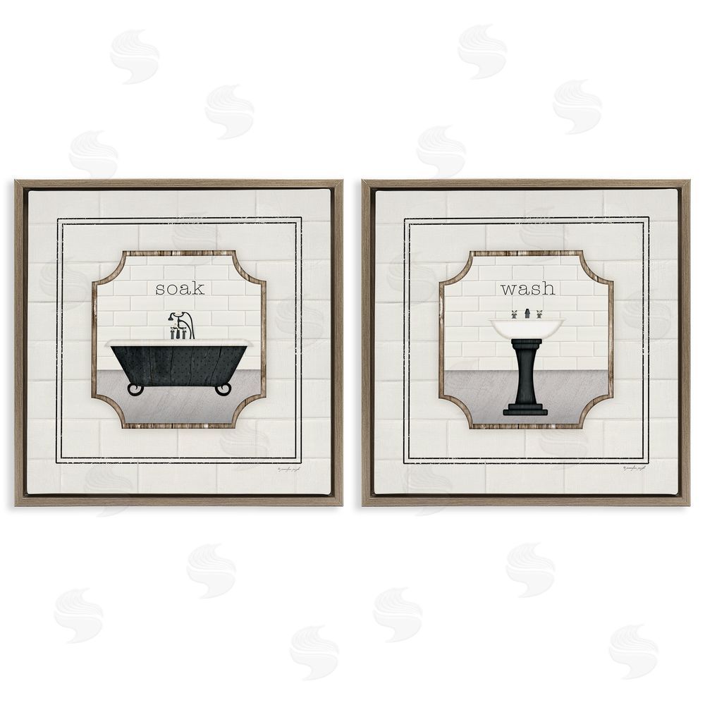 Jennifer Pugh Soak and Wash Chic Bathroom Signs Brown Floating Frame Canvas Wall Art Print