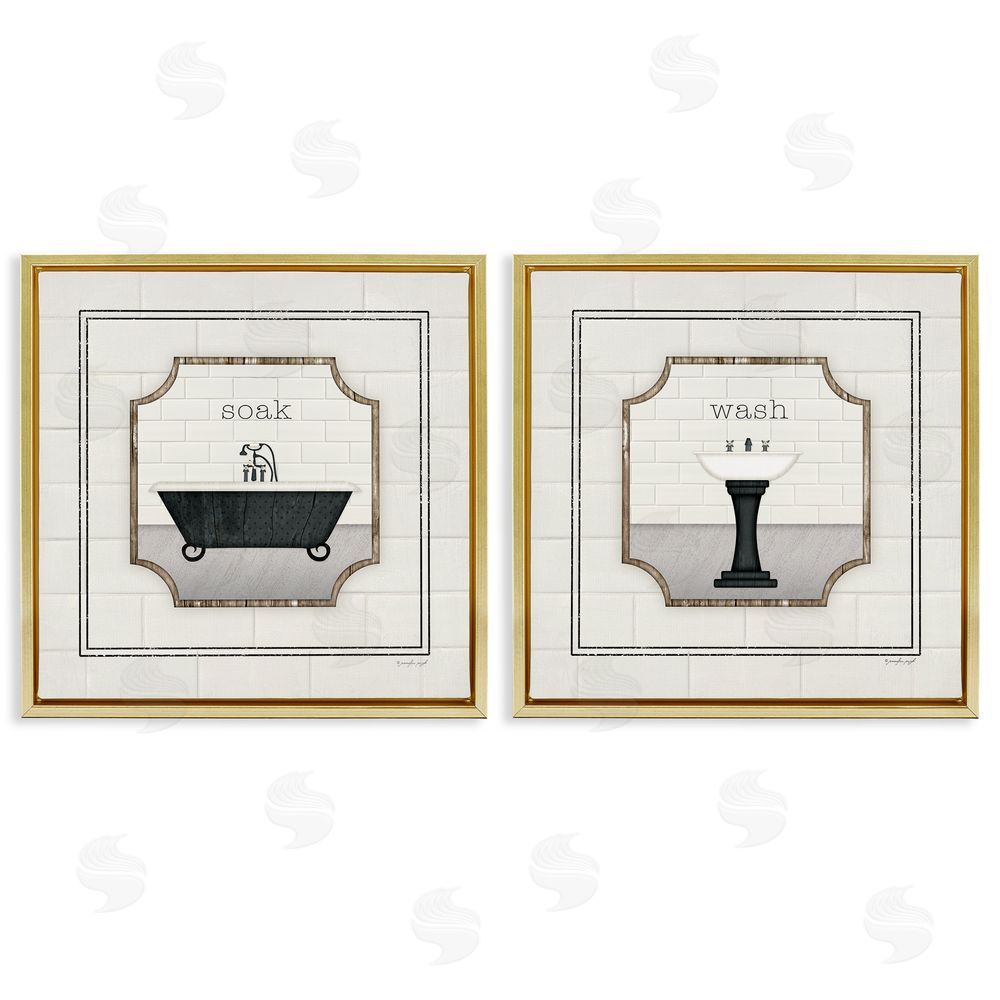 Jennifer Pugh Soak and Wash Chic Bathroom Signs Gold Floating Frame Canvas Wall Art Print