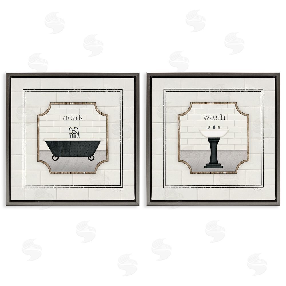Jennifer Pugh Soak and Wash Chic Bathroom Signs Gray Floating Frame Canvas Wall Art Print