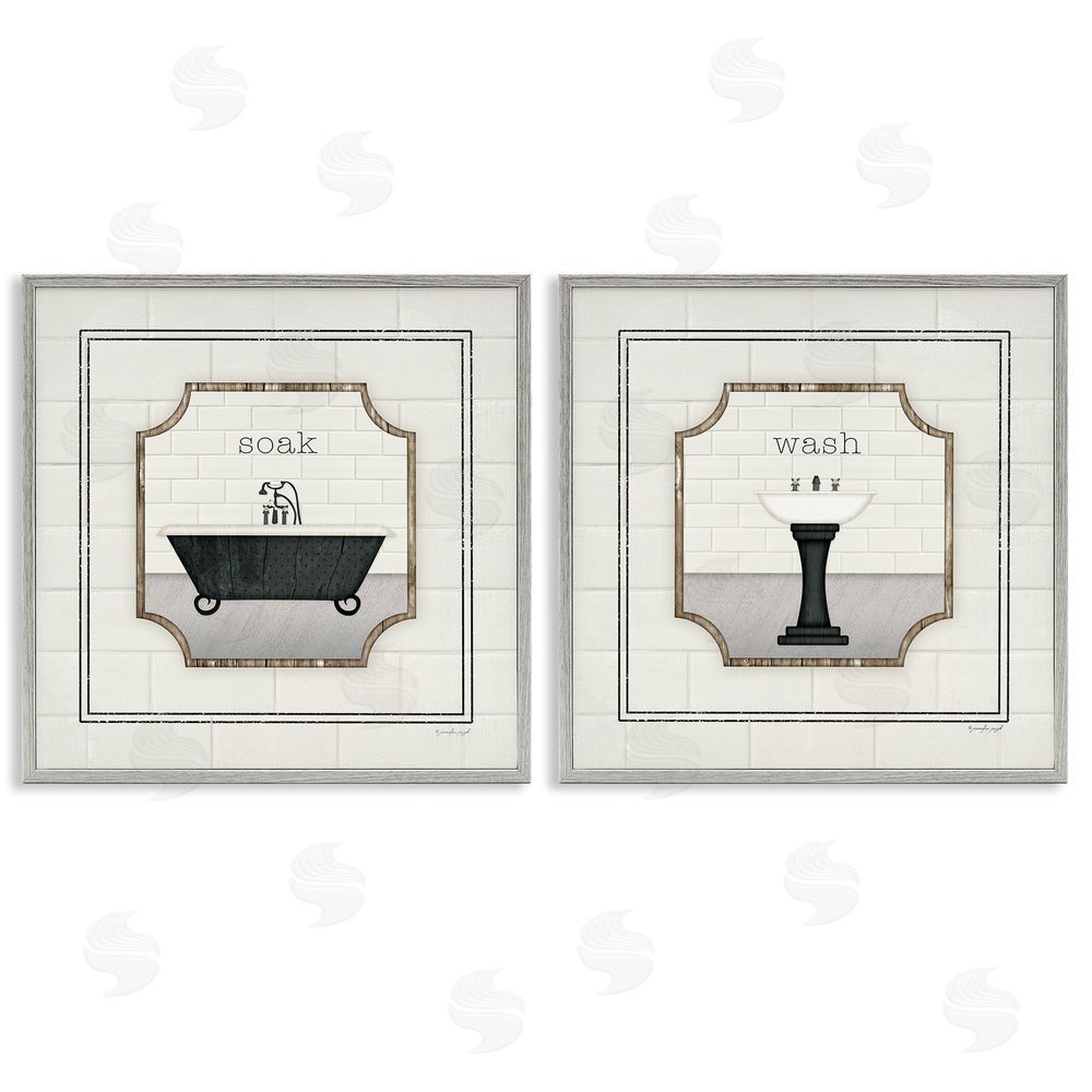 Jennifer Pugh Soak and Wash Chic Bathroom Signs Gray Framed Giclee Wall Art Print