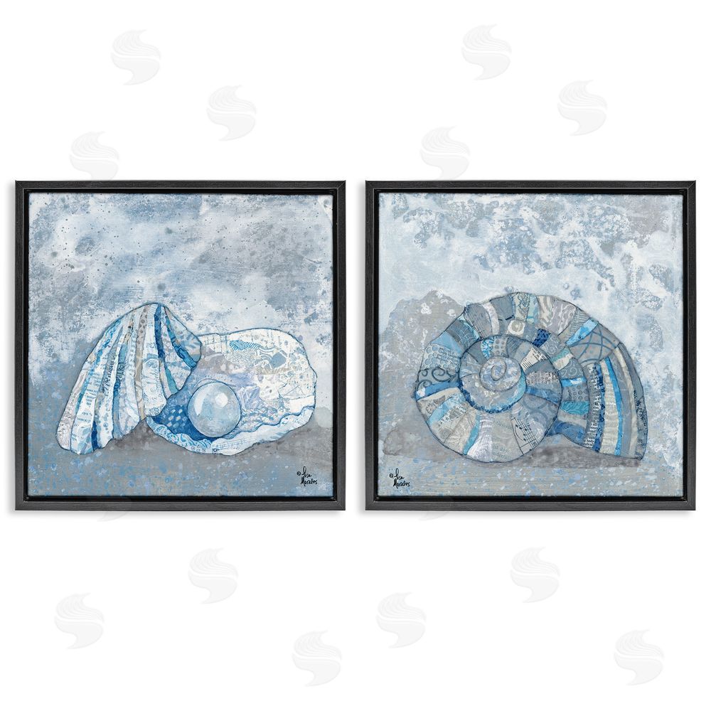 Lisa Morales Collage Patterned Seashells with Nautical Pearl Black Floating Frame Canvas Wall Art Print