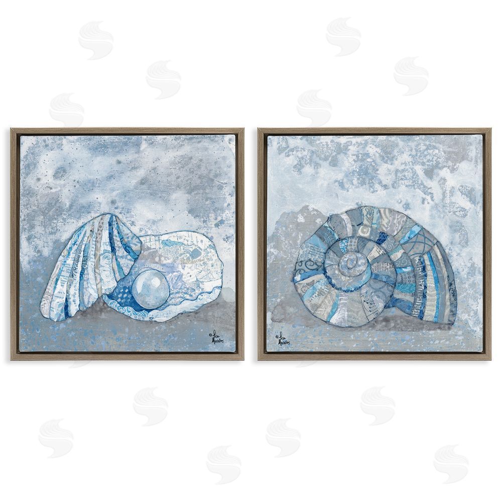 Lisa Morales Collage Patterned Seashells with Nautical Pearl Brown Floating Frame Canvas Wall Art Print