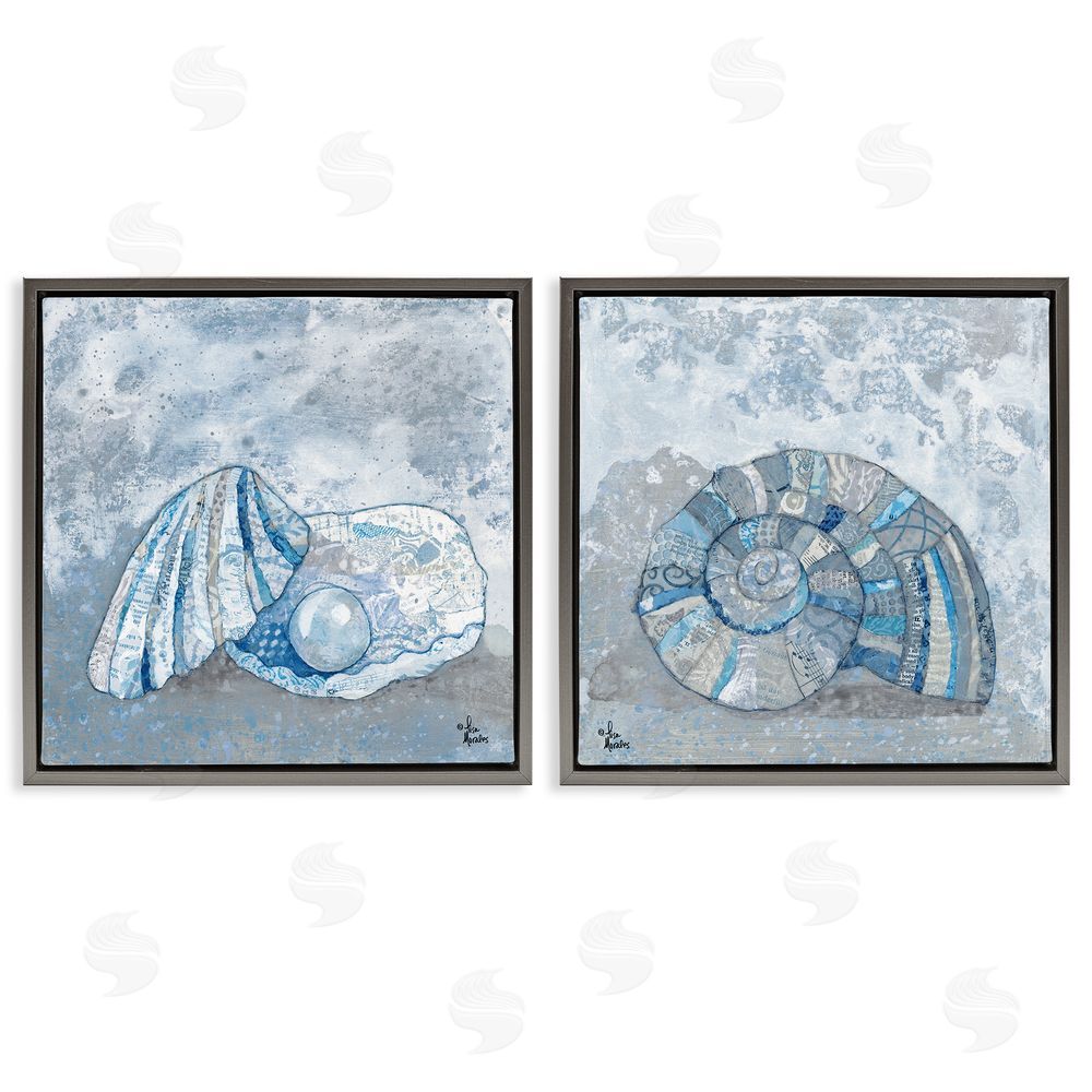 Lisa Morales Collage Patterned Seashells with Nautical Pearl Gray Floating Frame Canvas Wall Art Print