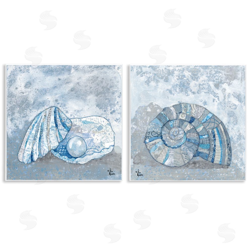 Lisa Morales Collage Patterned Seashells with Nautical Pearl Wooden Wall Plaque Art Print