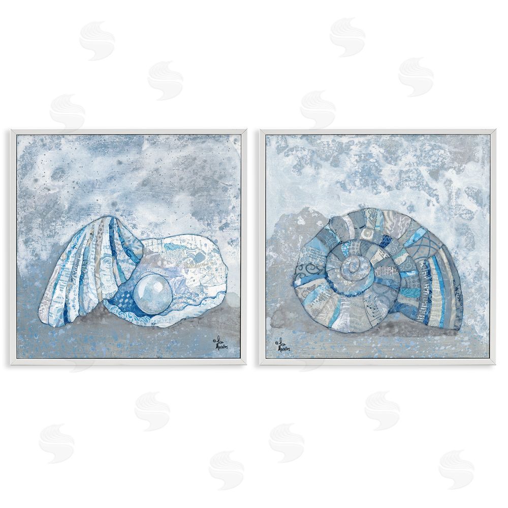 Lisa Morales Collage Patterned Seashells with Nautical Pearl White Framed Giclee Wall Art Print