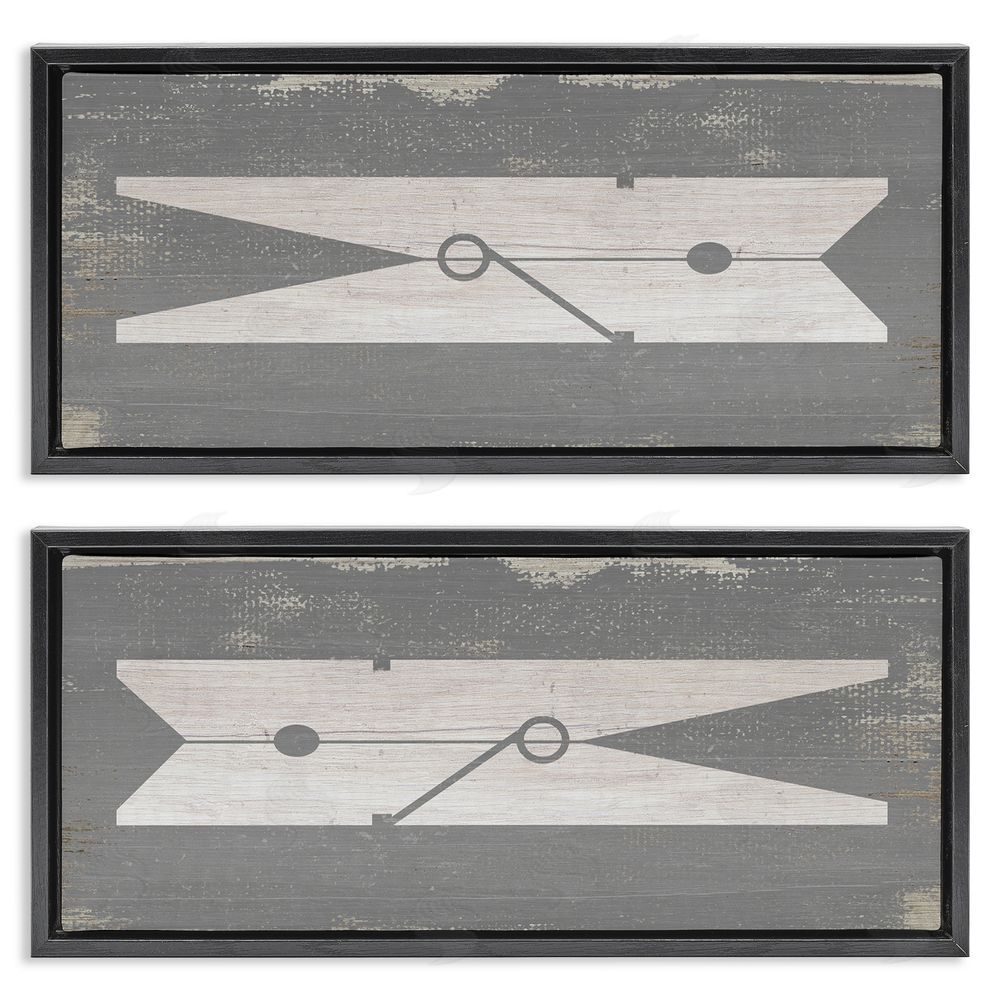 Stupell Studio Simple Laundry Clothespins Distressed Grey Design Black Floating Frame Canvas Wall Art Print