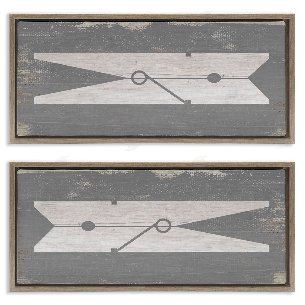Stupell Studio Simple Laundry Clothespins Distressed Grey Design Brown Floating Frame Canvas Wall Art Print