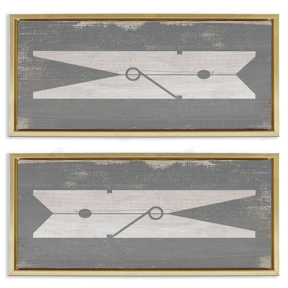 Stupell Studio Simple Laundry Clothespins Distressed Grey Design Gold Floating Frame Canvas Wall Art Print