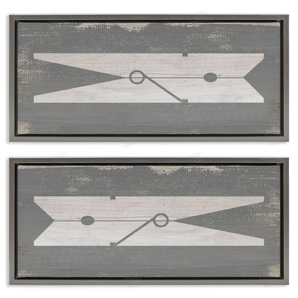Stupell Studio Simple Laundry Clothespins Distressed Grey Design Gray Floating Frame Canvas Wall Art Print