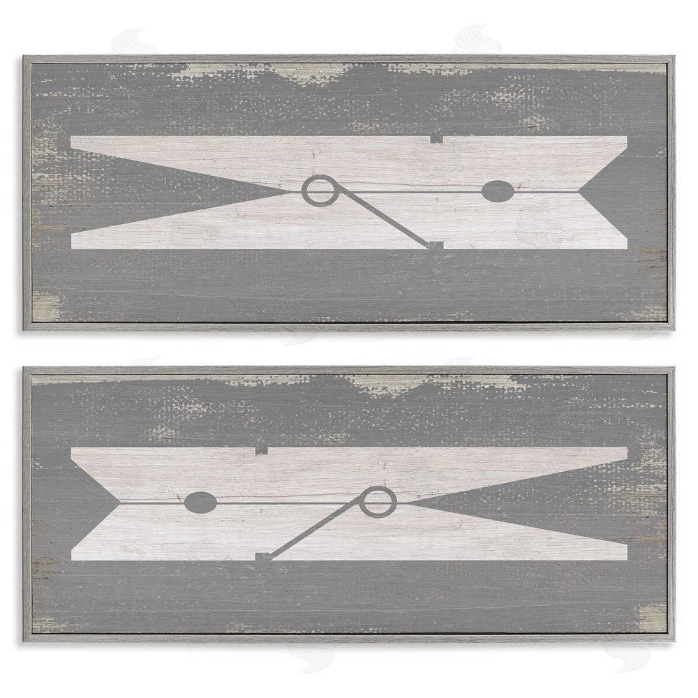 Stupell Studio Simple Laundry Clothespins Distressed Grey Design Gray Framed Giclee Wall Art Print
