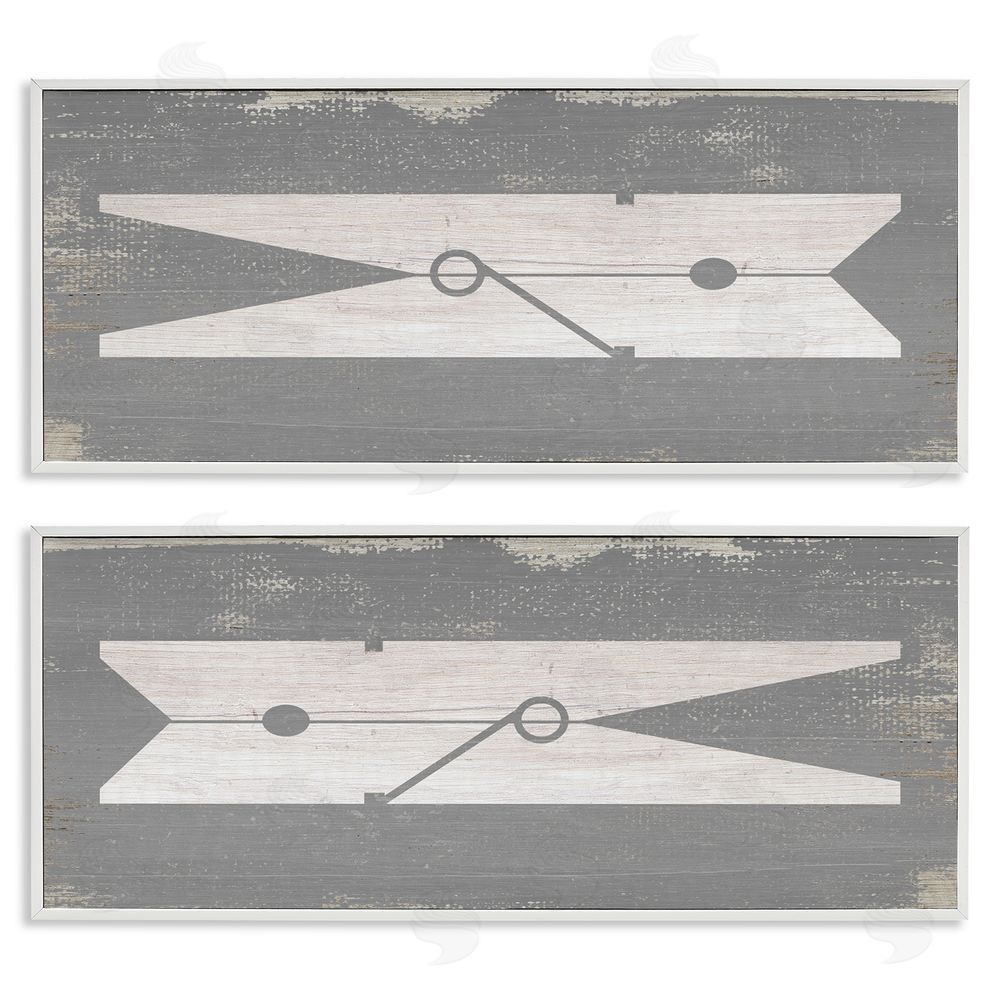 Stupell Studio Simple Laundry Clothespins Distressed Grey Design White Framed Giclee Wall Art Print