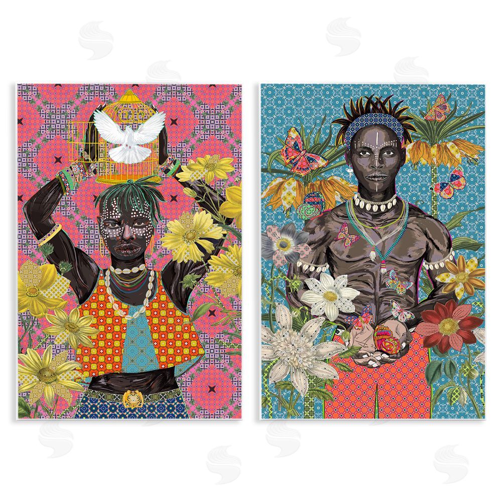 Sangita Bachelet Male Figures with Florals & Geometric Patterns Wooden Wall Plaque Art Print