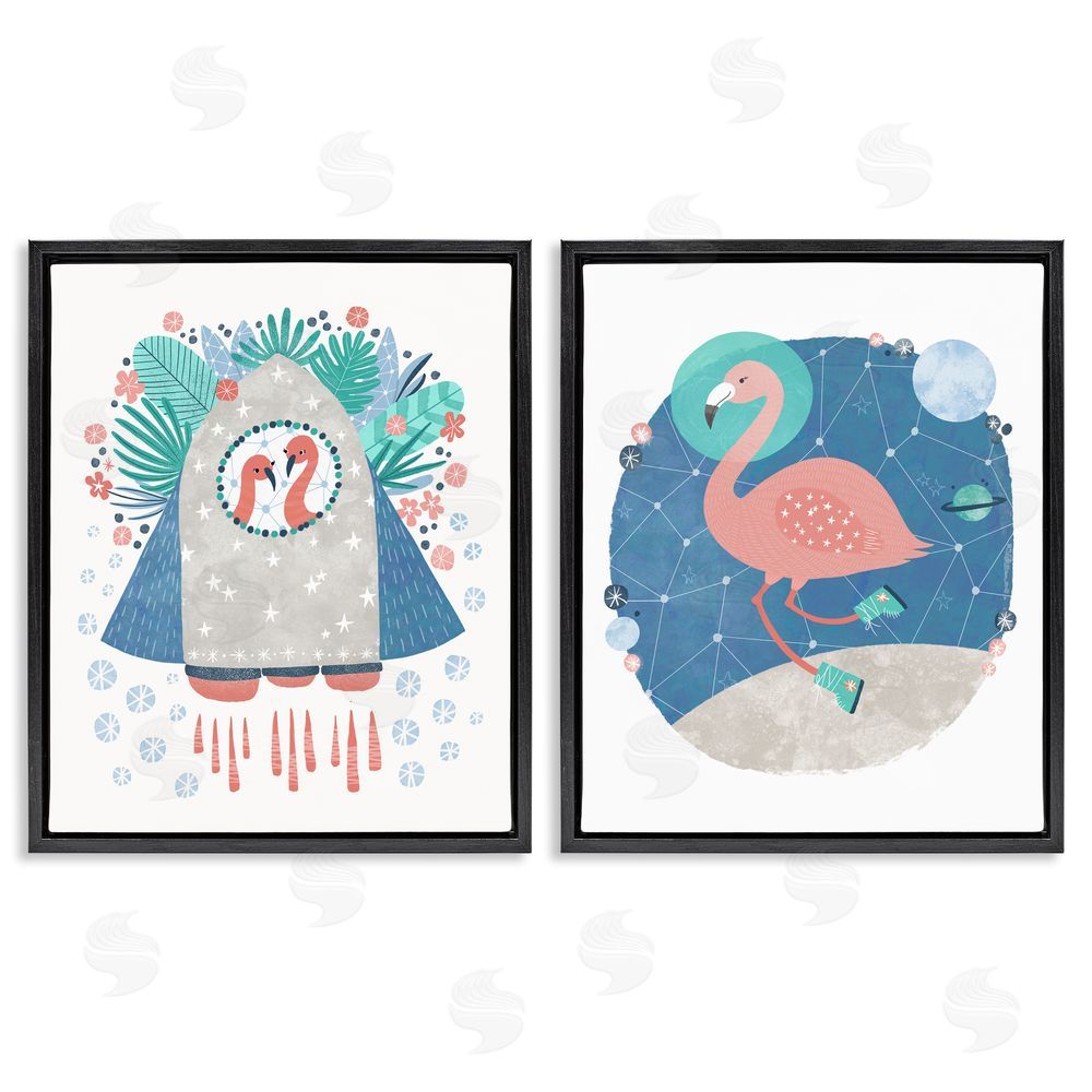 Molly Fabiano Astronaut Flamingos Outer Space Black Floating Frame Canvas Wall Art Print