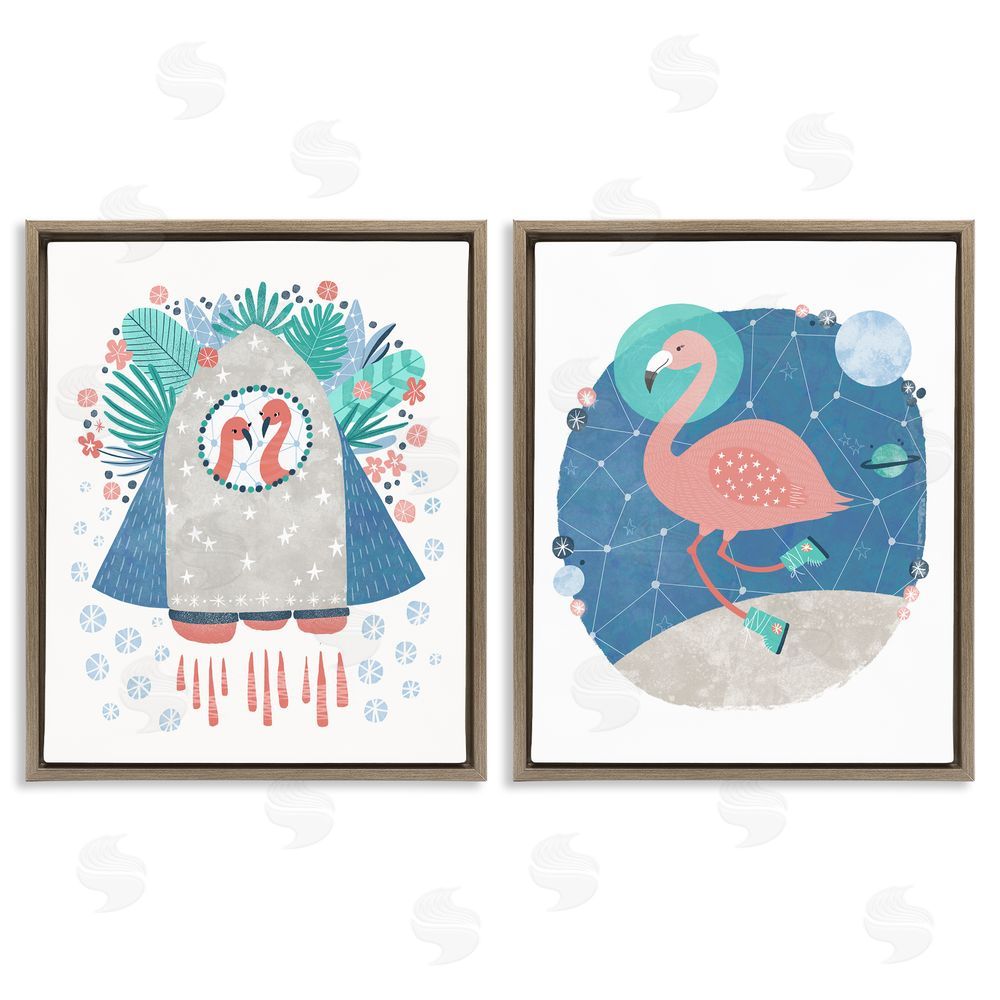 Molly Fabiano Astronaut Flamingos Outer Space Brown Floating Frame Canvas Wall Art Print