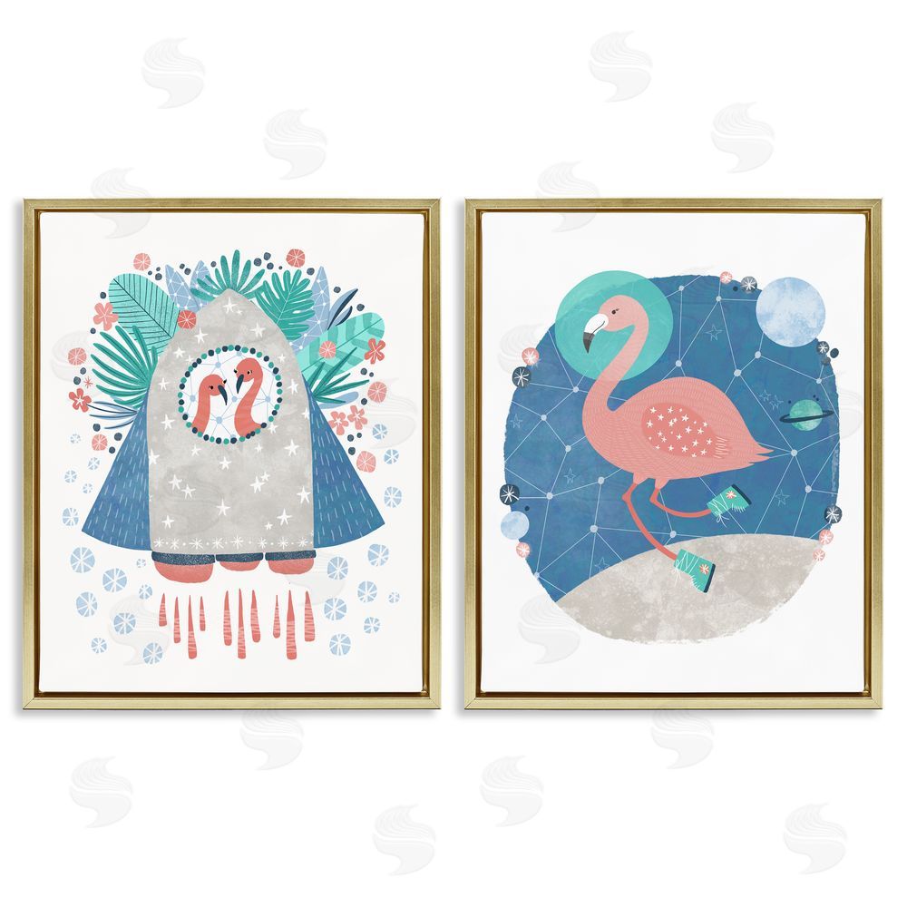 Molly Fabiano Astronaut Flamingos Outer Space Gold Floating Frame Canvas Wall Art Print