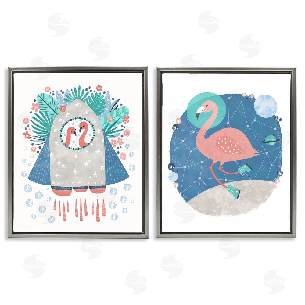 Molly Fabiano Astronaut Flamingos Outer Space Gray Floating Frame Canvas Wall Art Print