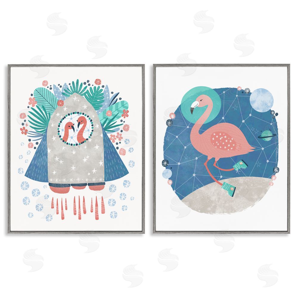 Molly Fabiano Astronaut Flamingos Outer Space Gray Framed Giclee Wall Art Print