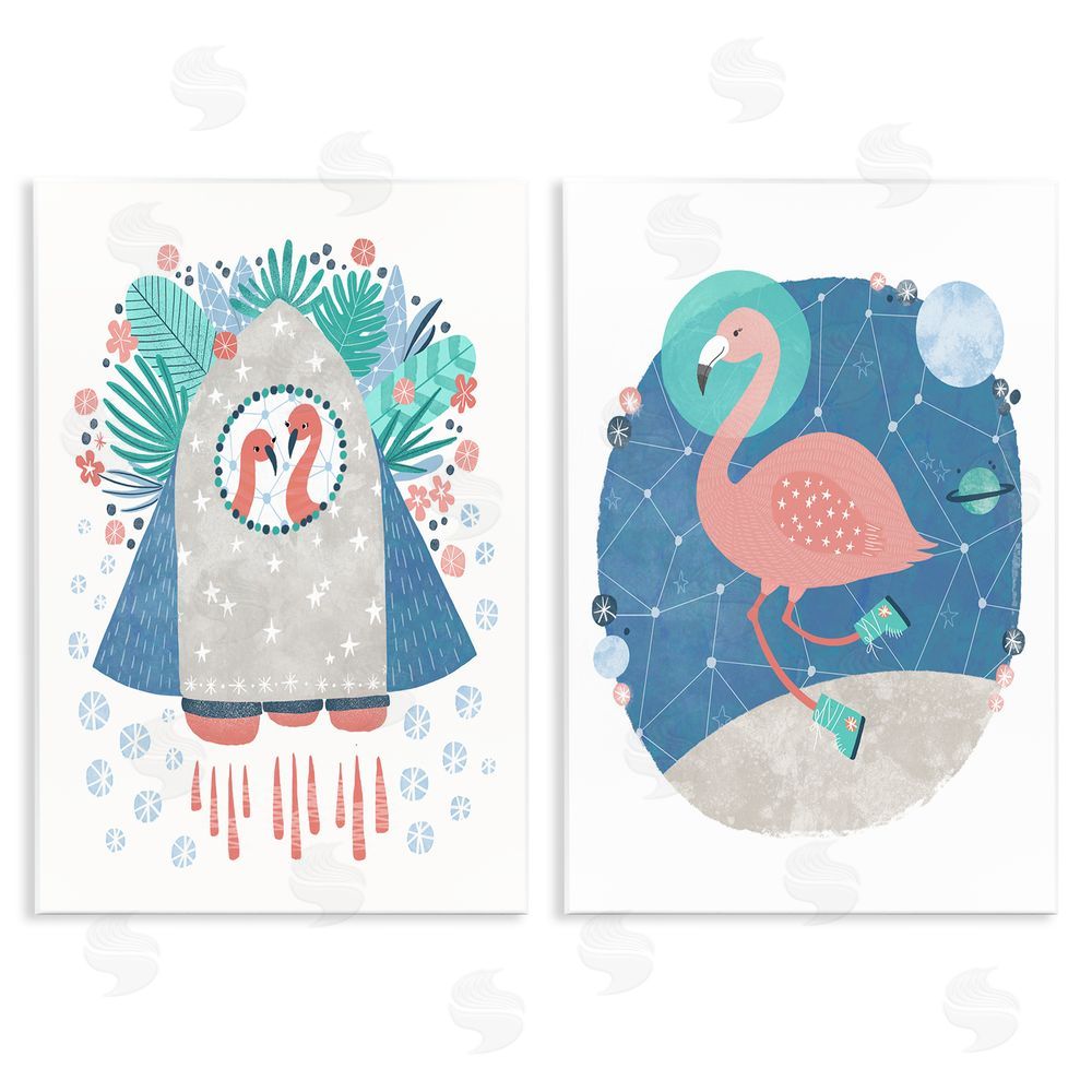 Molly Fabiano Astronaut Flamingos Outer Space Wooden Wall Plaque Art Print