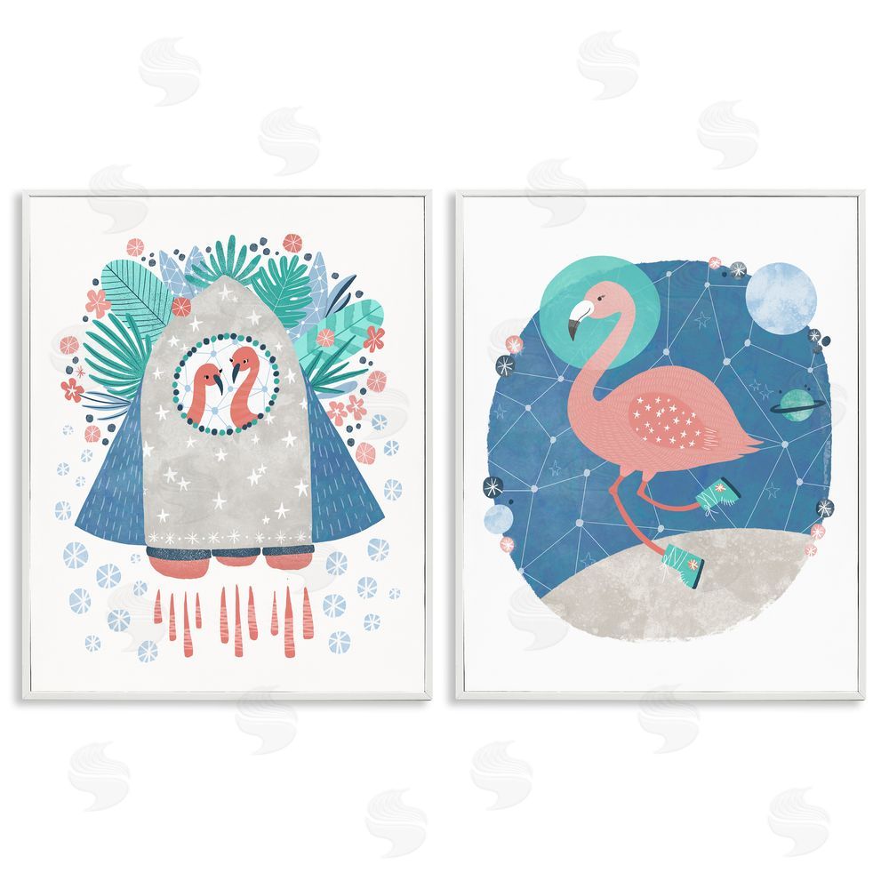 Molly Fabiano Astronaut Flamingos Outer Space White Framed Giclee Wall Art Print