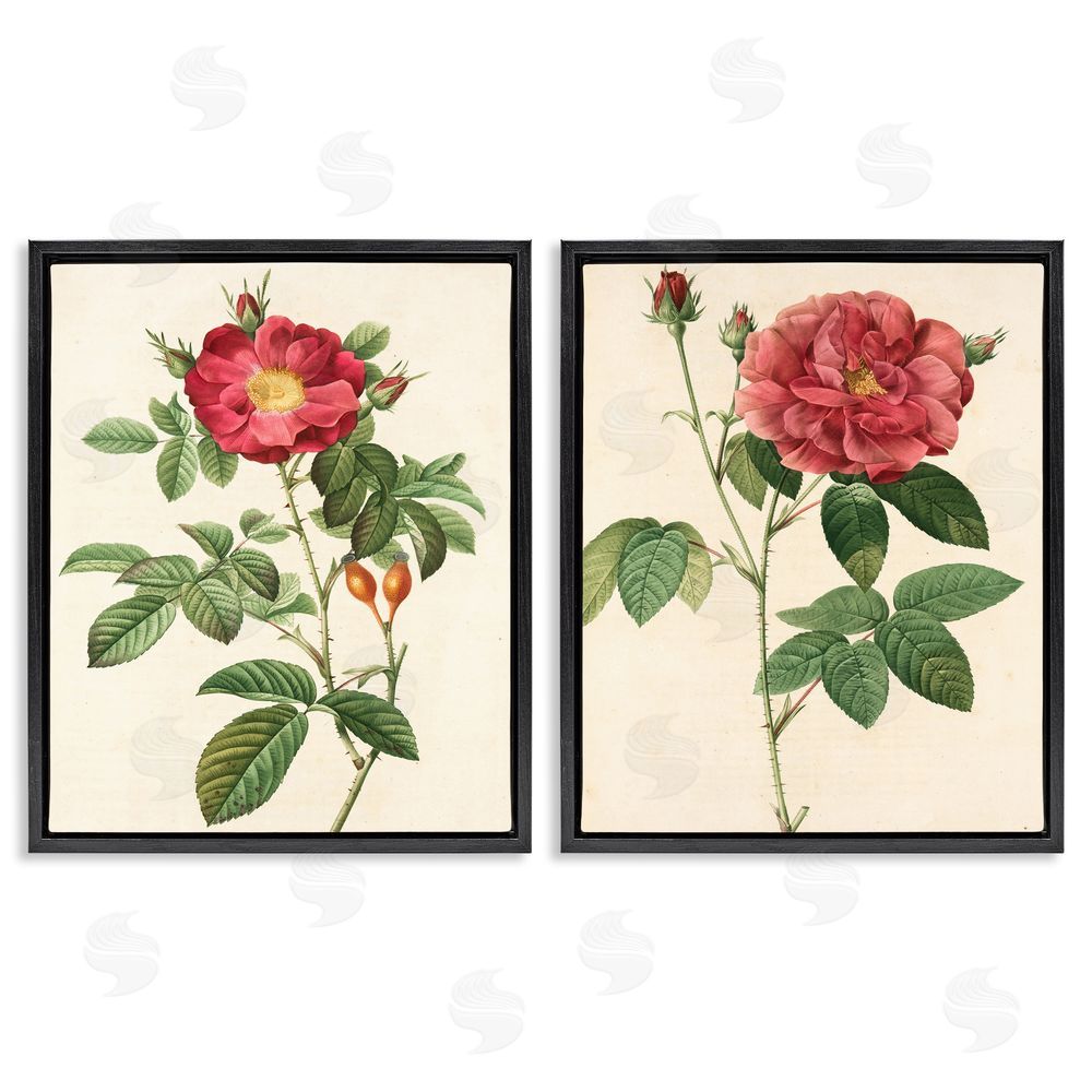 Ziwei Li Traditional Red Flowers with Floral Stem Black Floating Frame Canvas Wall Art Print