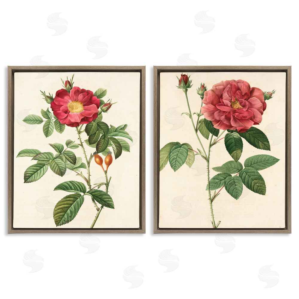 Ziwei Li Traditional Red Flowers with Floral Stem Brown Floating Frame Canvas Wall Art Print
