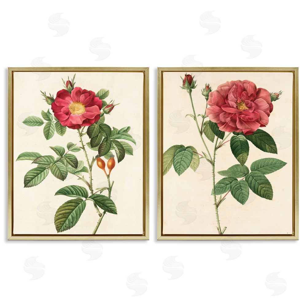 Ziwei Li Traditional Red Flowers with Floral Stem Gold Floating Frame Canvas Wall Art Print
