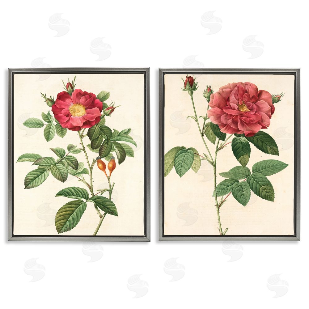 Ziwei Li Traditional Red Flowers with Floral Stem Gray Floating Frame Canvas Wall Art Print