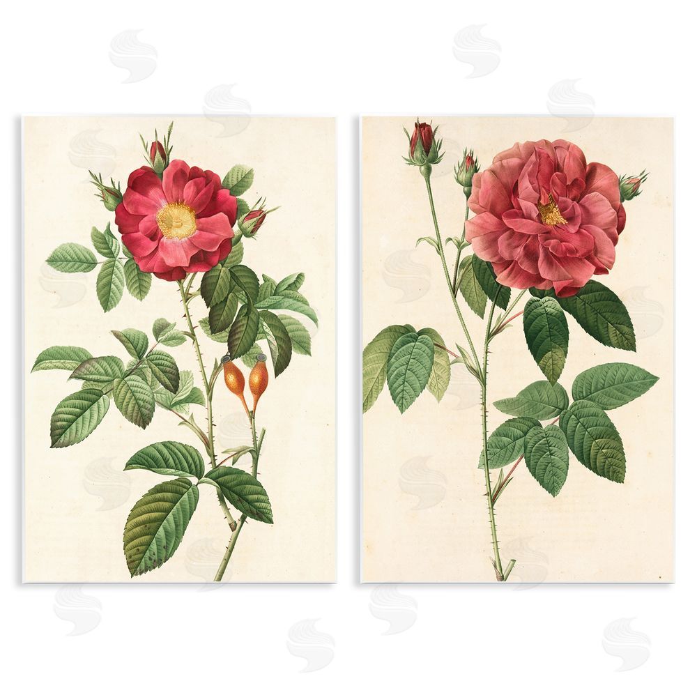 Ziwei Li Traditional Red Flowers with Floral Stem Wooden Wall Plaque Art Print