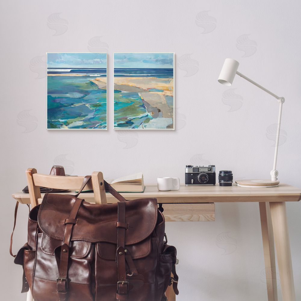 Scott Brems Pastel Blue Seascape with Rocky Coast Painting Canvas Wall Art Print in Room