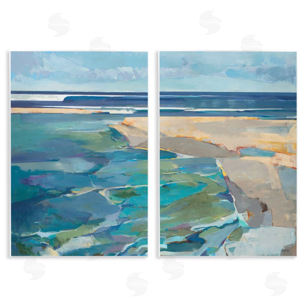 Scott Brems Pastel Blue Seascape with Rocky Coast Painting Wooden Wall Plaque Art Print