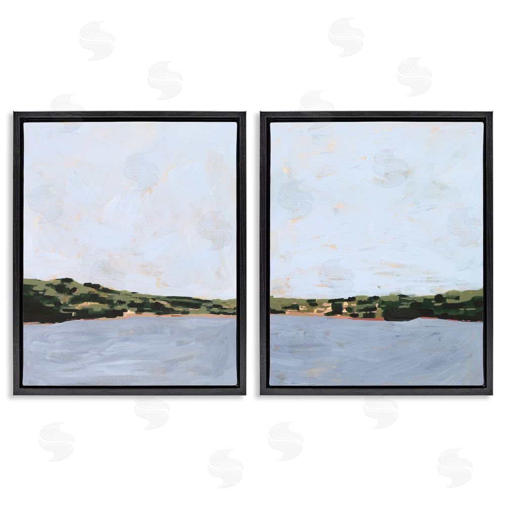 Victoria Borges Lake Shore Landscape with Soft Blue Sky  Black Floating Frame Canvas Wall Art Print