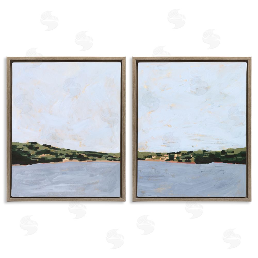 Victoria Borges Lake Shore Landscape with Soft Blue Sky  Brown Floating Frame Canvas Wall Art Print