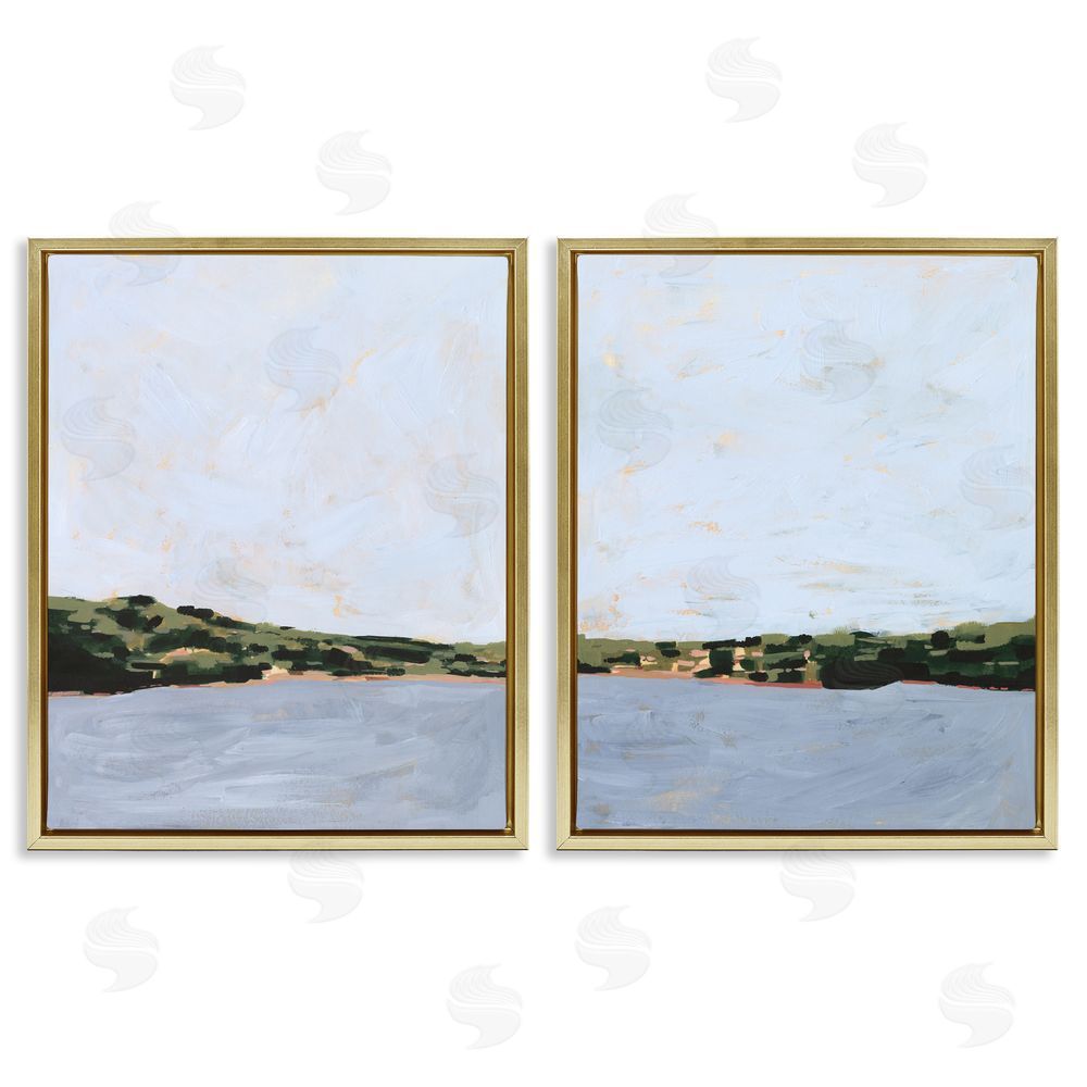 Victoria Borges Lake Shore Landscape with Soft Blue Sky  Gold Floating Frame Canvas Wall Art Print