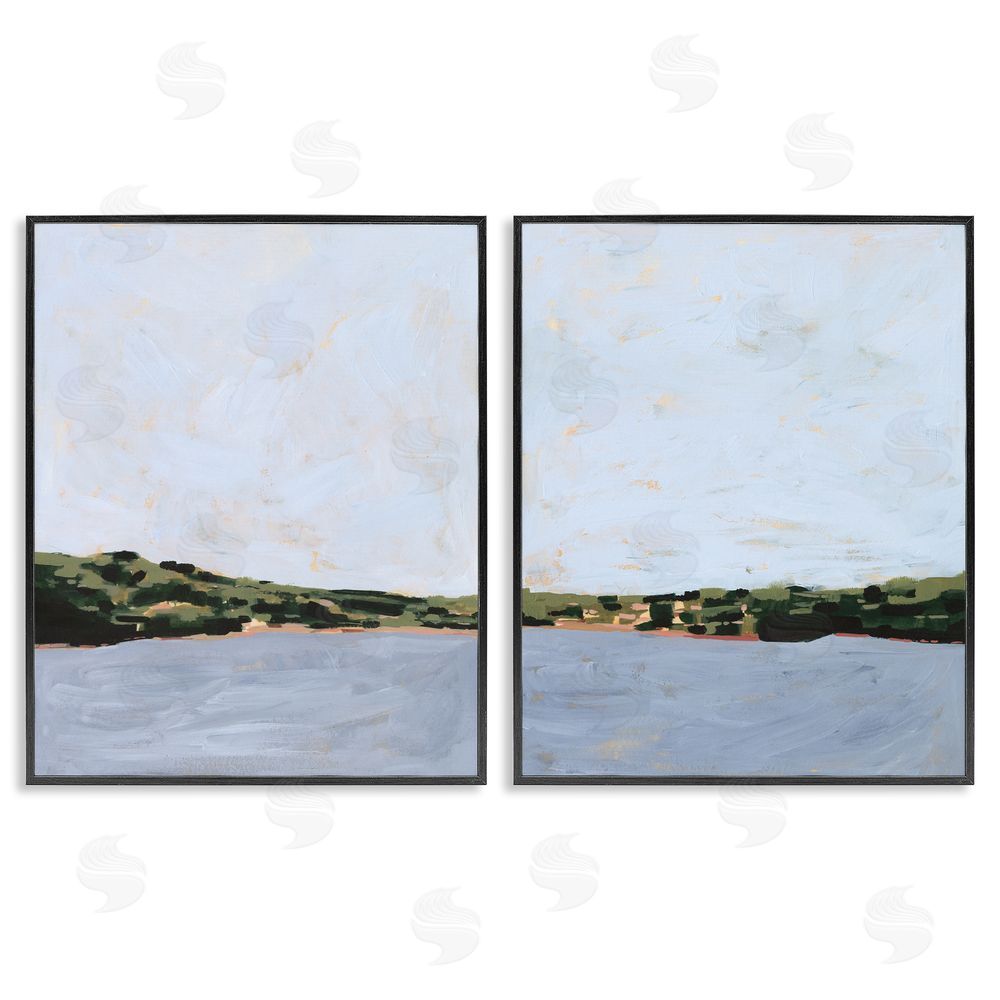 Victoria Borges Lake Shore Landscape with Soft Blue Sky  Black Framed Giclee Wall Art Print