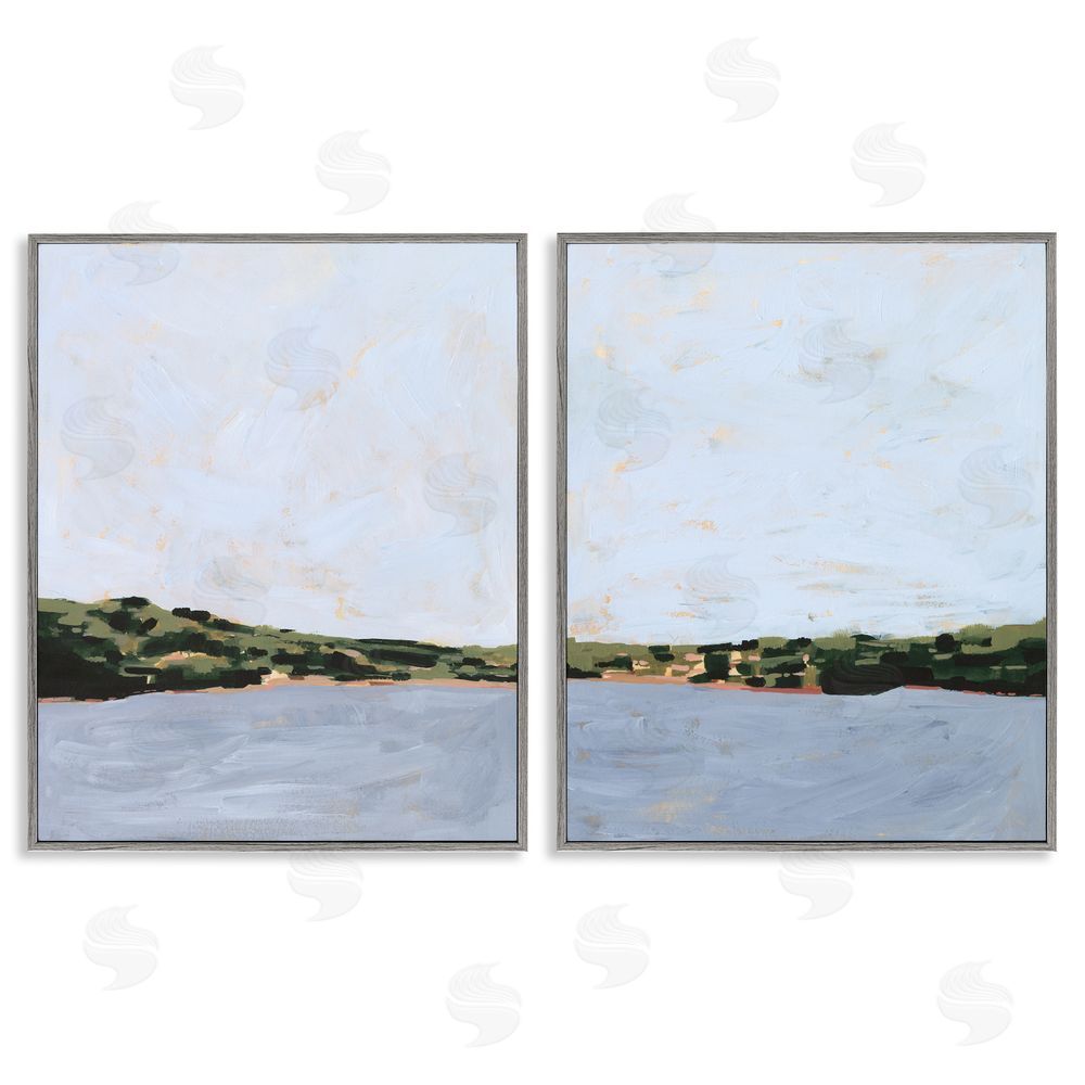 Victoria Borges Lake Shore Landscape with Soft Blue Sky  Gray Framed Giclee Wall Art Print