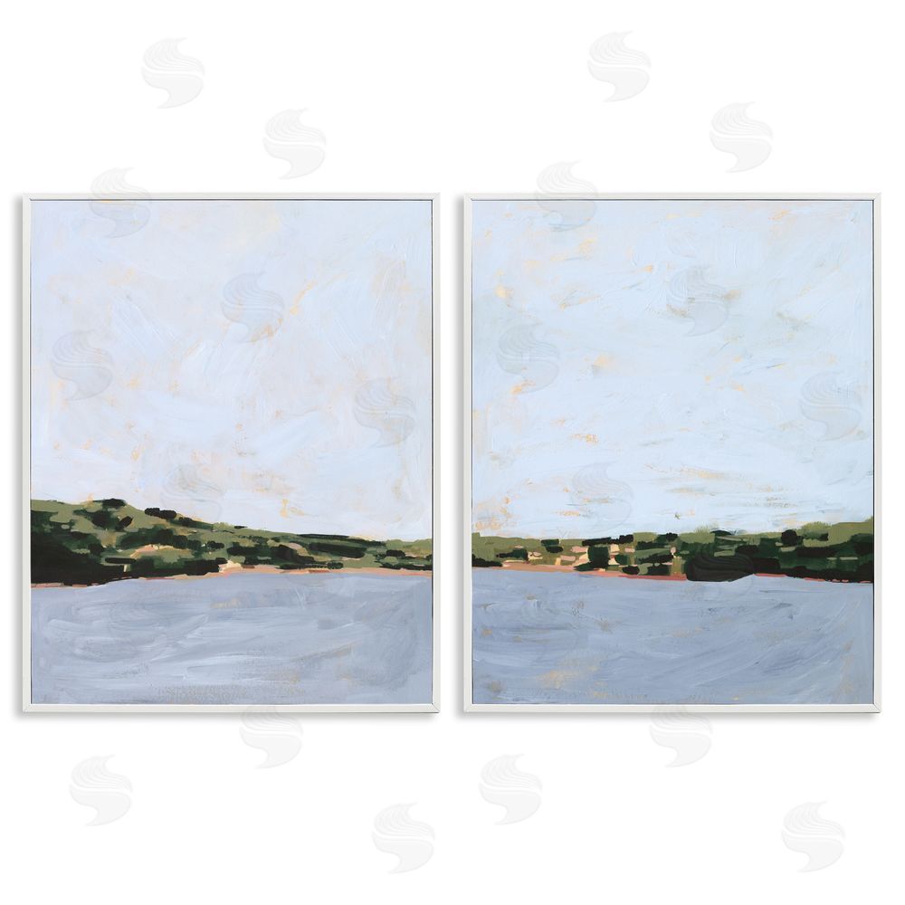 Victoria Borges Lake Shore Landscape with Soft Blue Sky  White Framed Giclee Wall Art Print