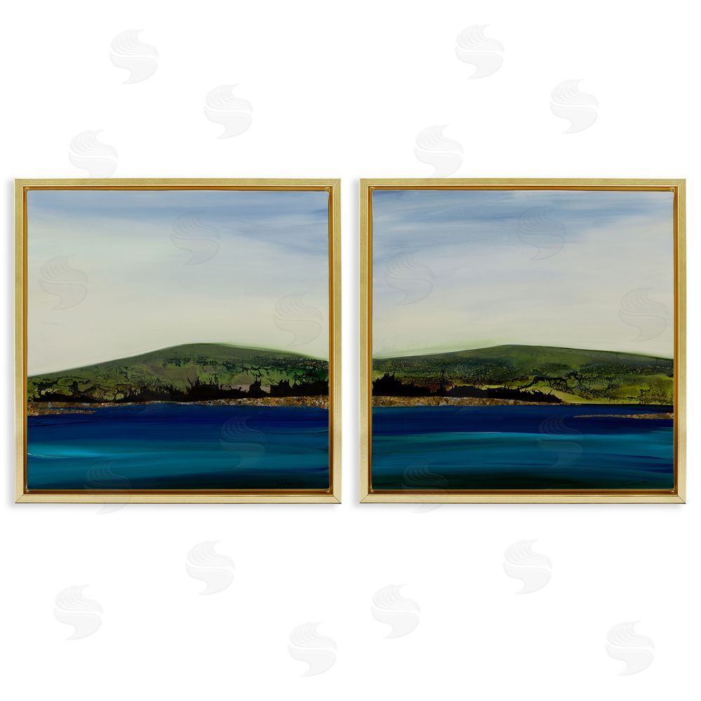 Ruth Fromstein Saturated Coastal Landscape Rolling Green Hills Gold Floating Frame Canvas Wall Art Print