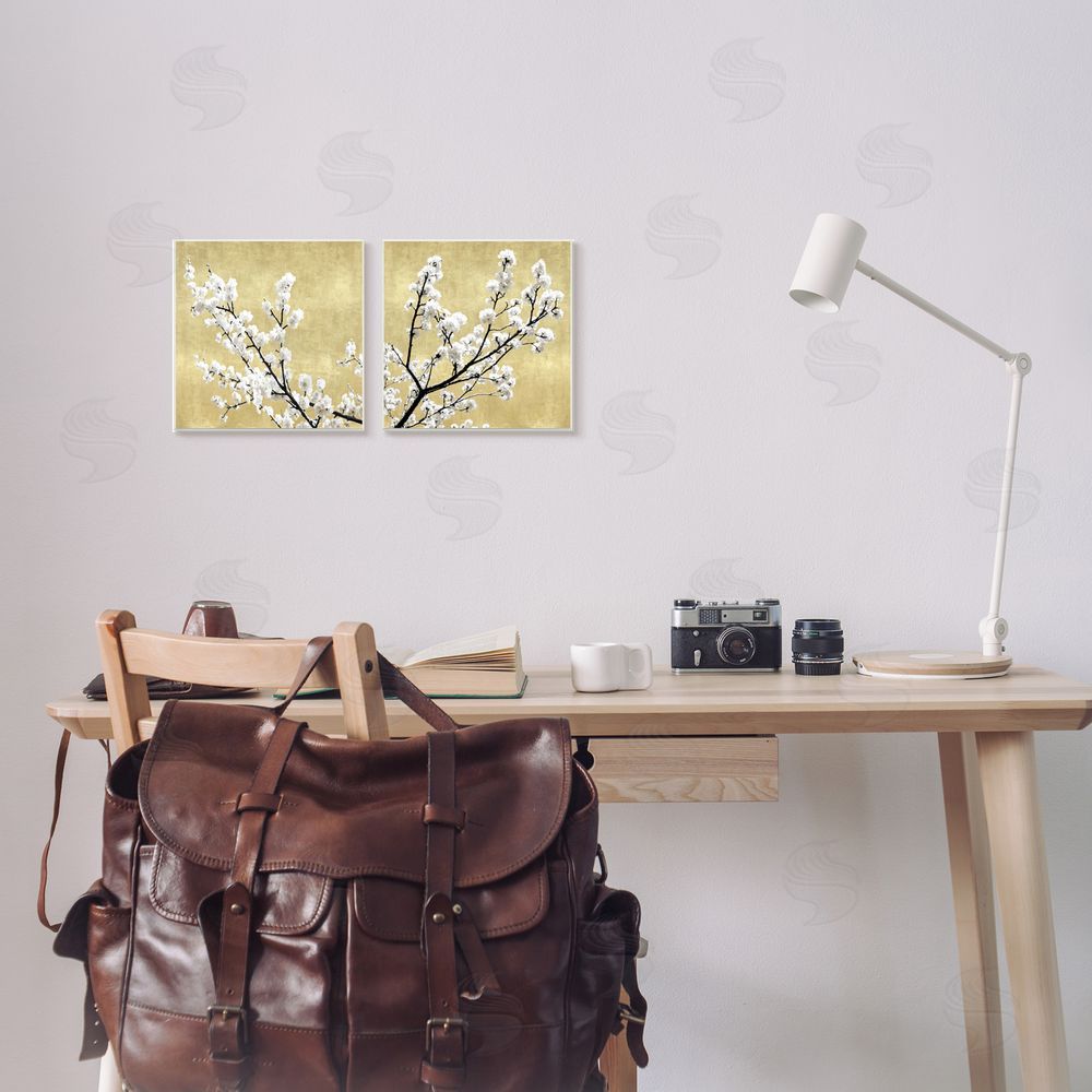 Kate Bennett White Cherry Blossom Branches over Neutral Canvas Wall Art Print in Room