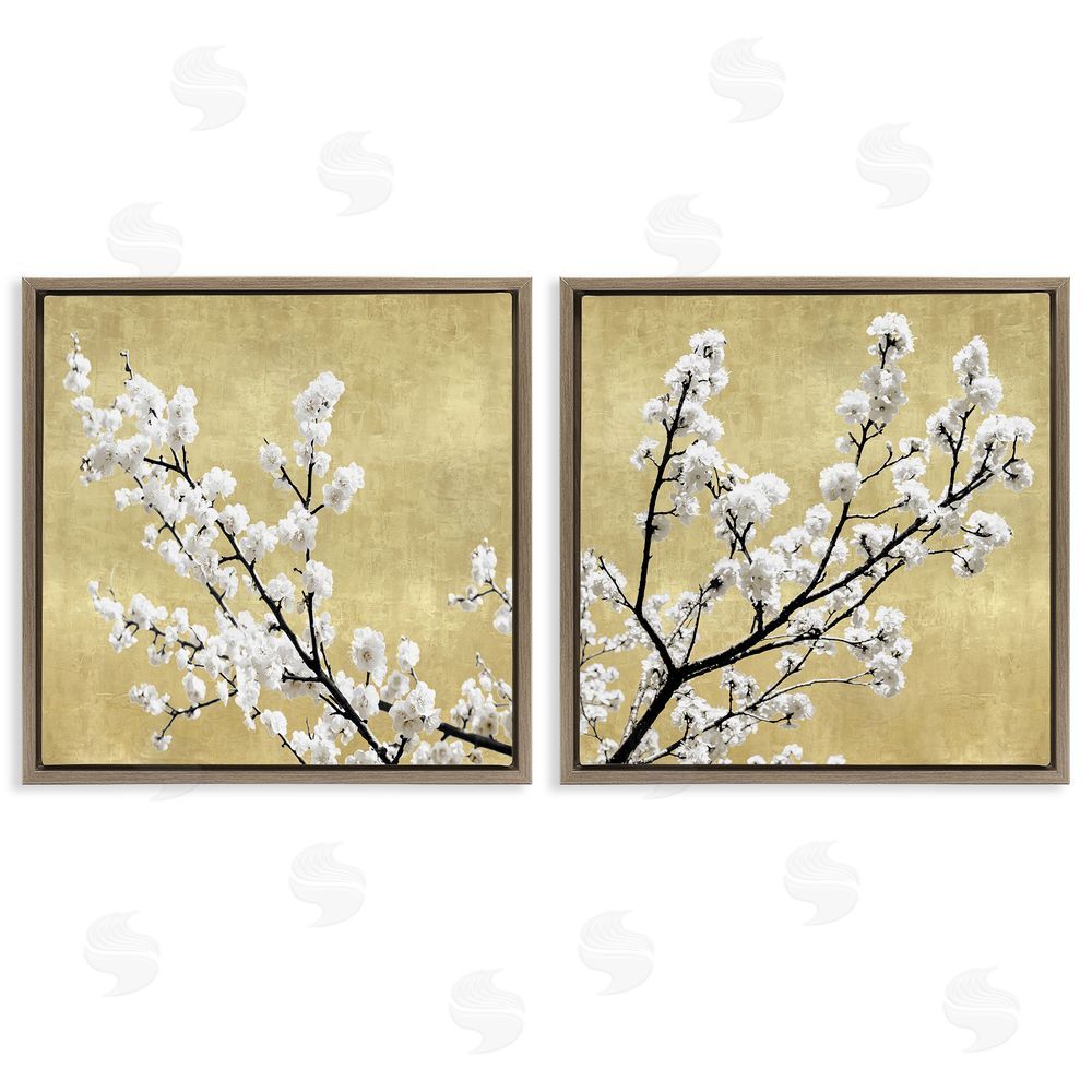 Kate Bennett White Cherry Blossom Branches over Neutral Brown Floating Frame Canvas Wall Art Print