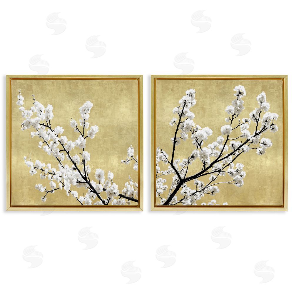 Kate Bennett White Cherry Blossom Branches over Neutral Gold Floating Frame Canvas Wall Art Print