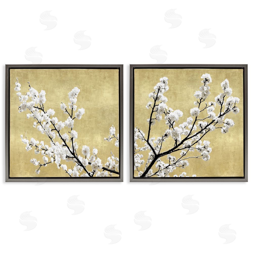Kate Bennett White Cherry Blossom Branches over Neutral Gray Floating Frame Canvas Wall Art Print