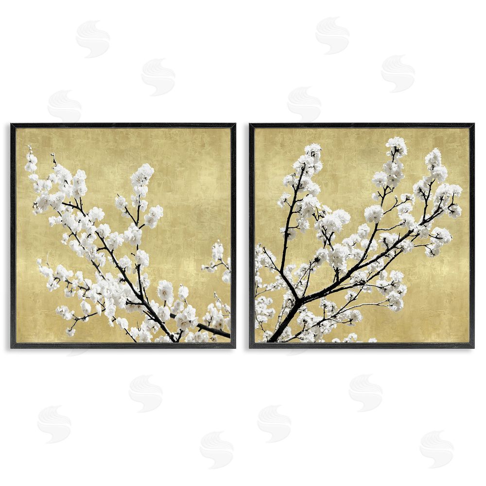 Kate Bennett White Cherry Blossom Branches over Neutral Black Framed Giclee Wall Art Print