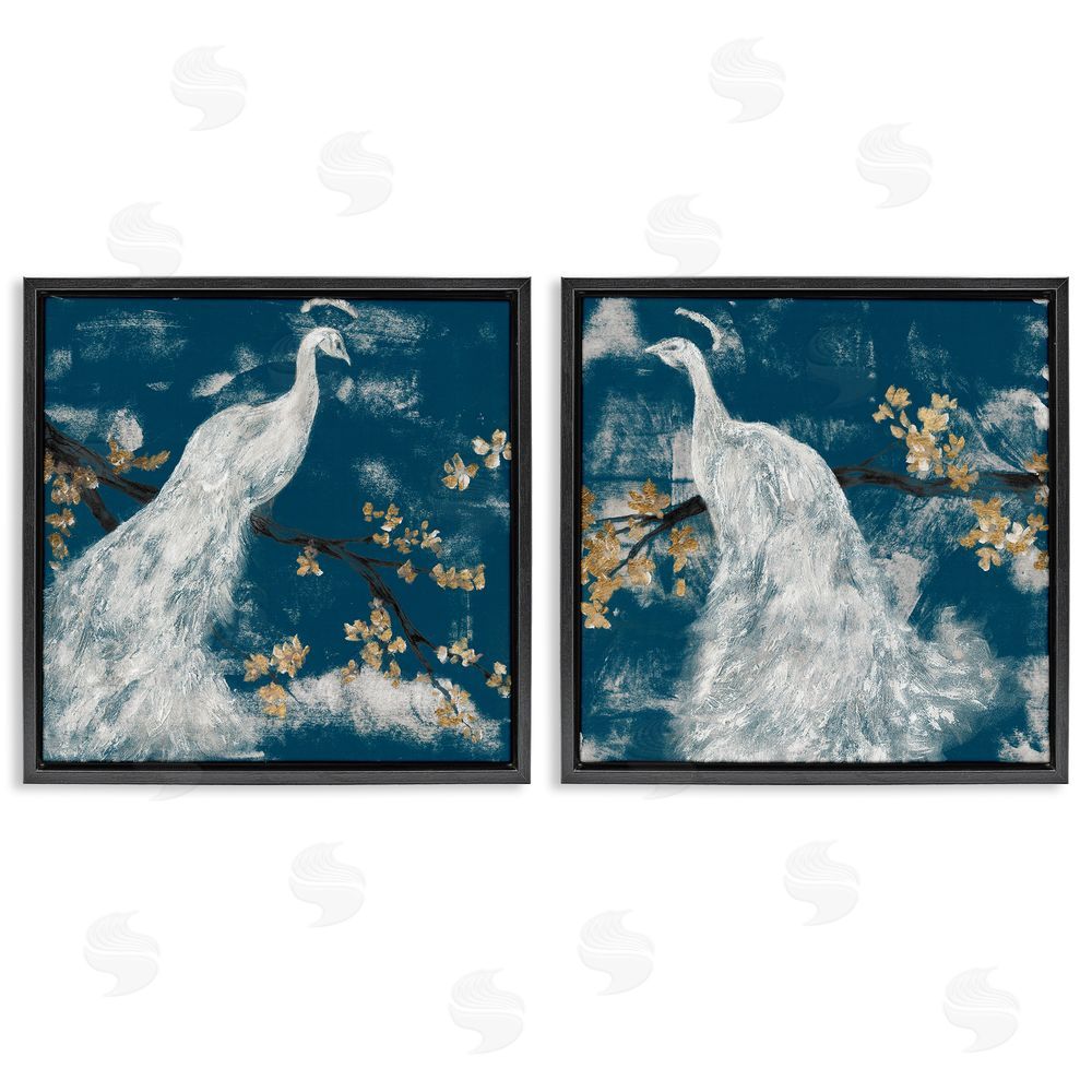 Jennifer Goldberger Mystical Peacock Floral Tree Blossoms Black Floating Frame Canvas Wall Art Print