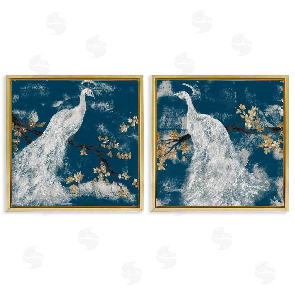 Jennifer Goldberger Mystical Peacock Floral Tree Blossoms Gold Floating Frame Canvas Wall Art Print