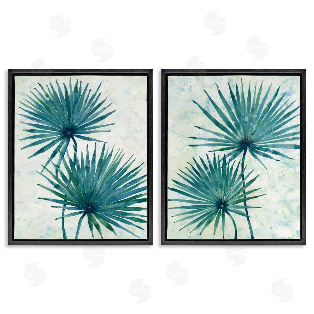 Tim O'Toole Abstract Palm Fans Blue Green Silhouettes Black Floating Frame Canvas Wall Art Print